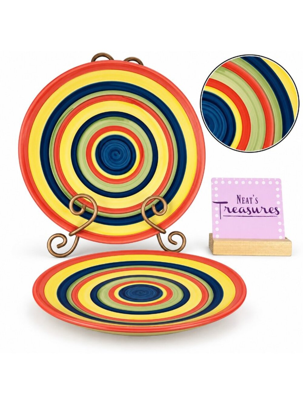 Tabletops MUTILCOLOR SWIRL Blue HandPainted Stoneware Dinner & Salad Plate Set 2